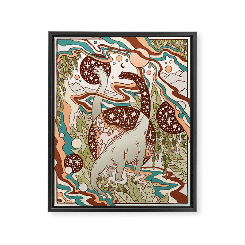 Jurassic Portal | Retro Rainbow Palette | Dinosaur Science Fiction Art Framed Canvas Print Gallery Image 3