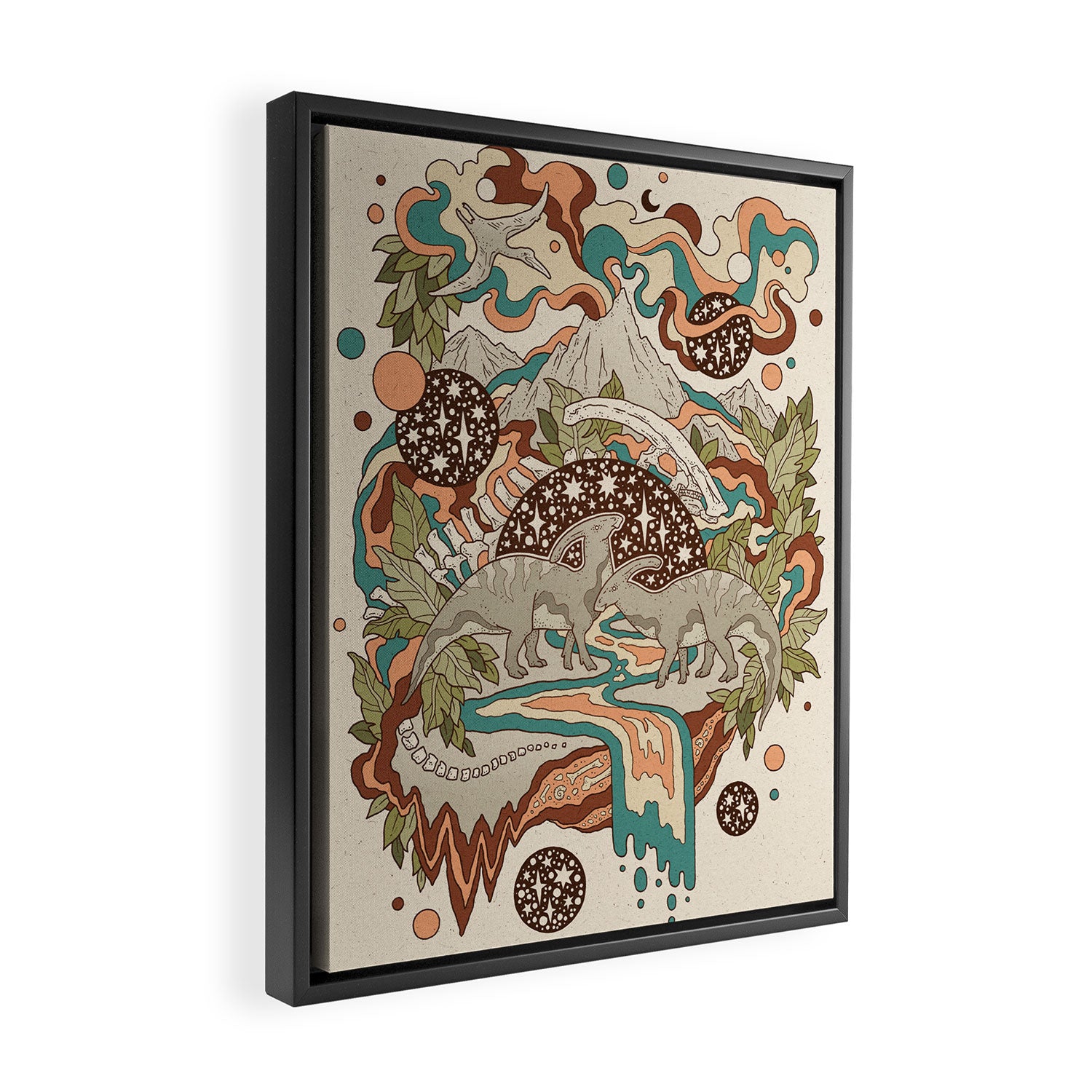 Lost Portal: Parasaurolophus | Retro Rainbow Palette | Dinosaur Science Fiction Art Framed Canvas Print Gallery Image 2