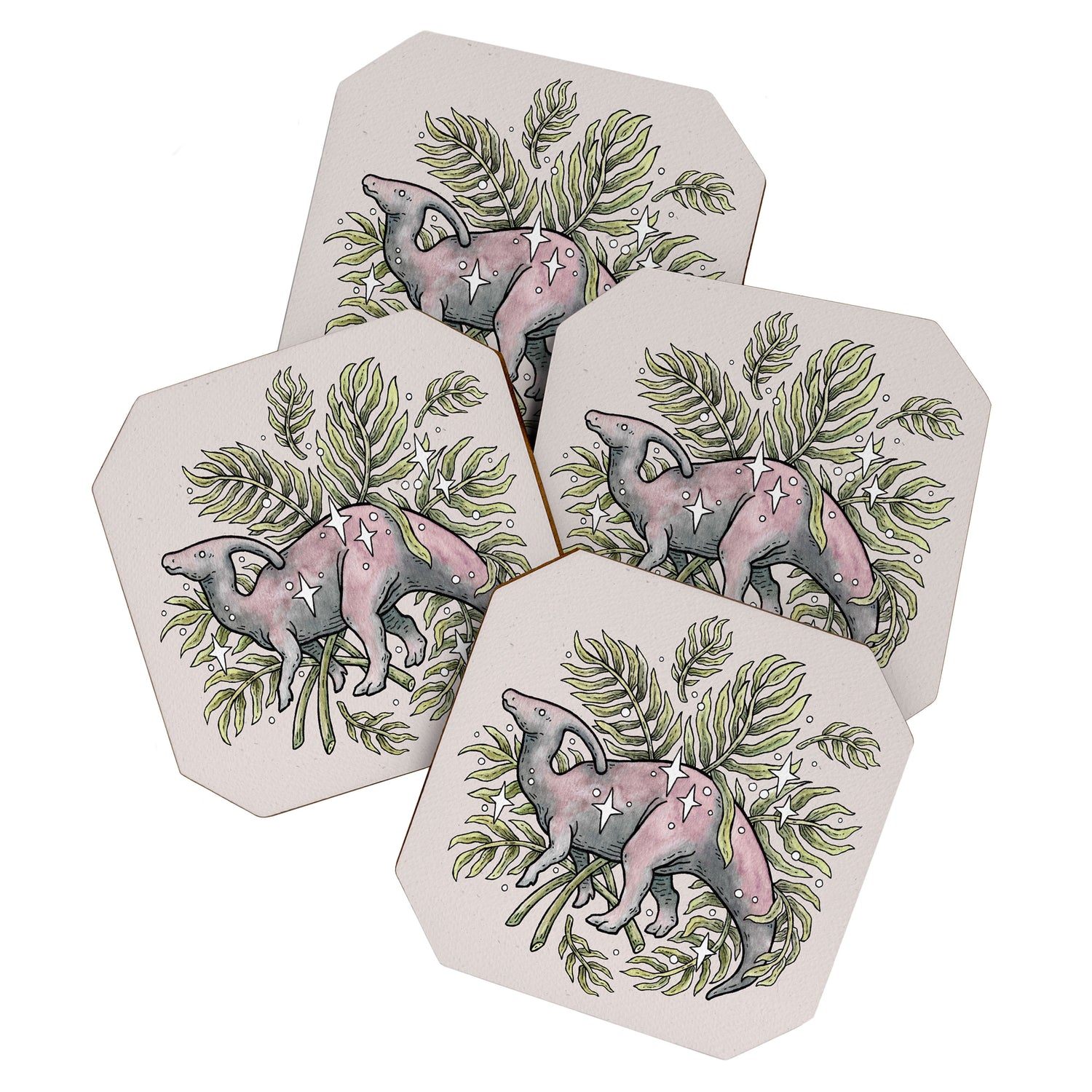 Parasaurolophus & Palms | Dinosaur Botanical Art Coaster Gallery Image 1