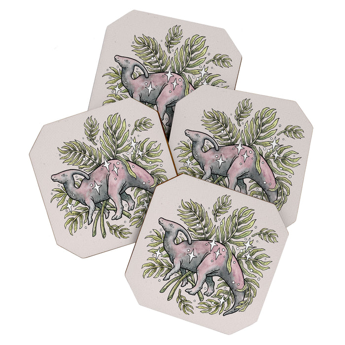 Parasaurolophus & Palms | Dinosaur Botanical Art Coaster Gallery Image 1