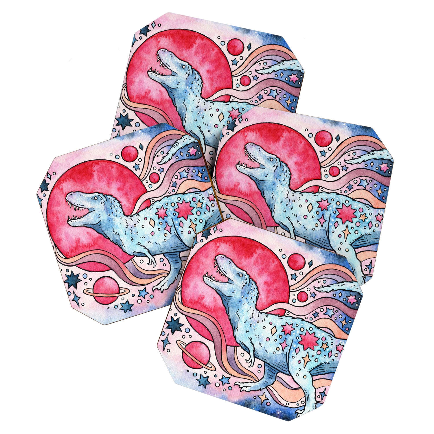Star Rex | Cosmic Dinosaur Watercolor Coaster Gallery Image 1