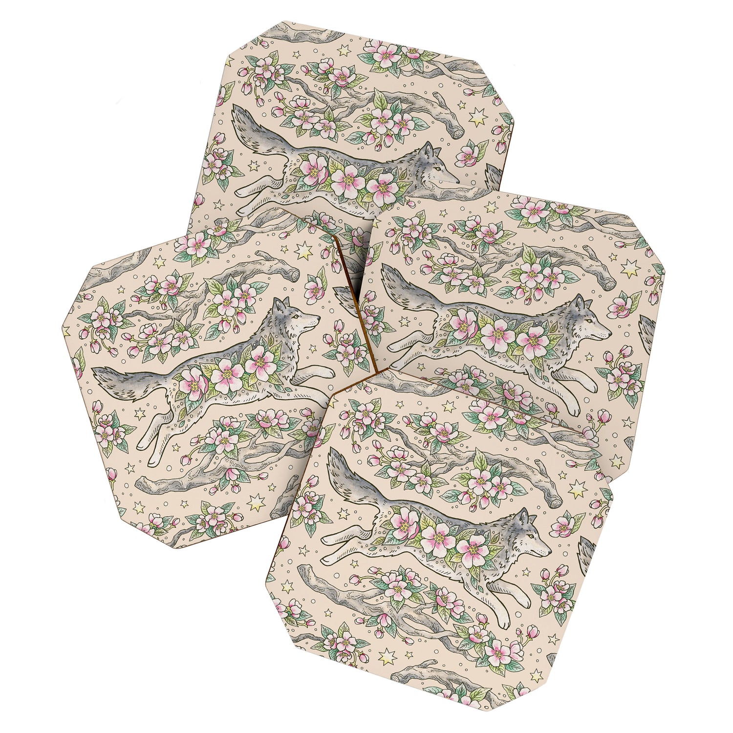 Wolf & Wild Apple Blossoms | Botanical Animal Art Coaster Gallery Image 1