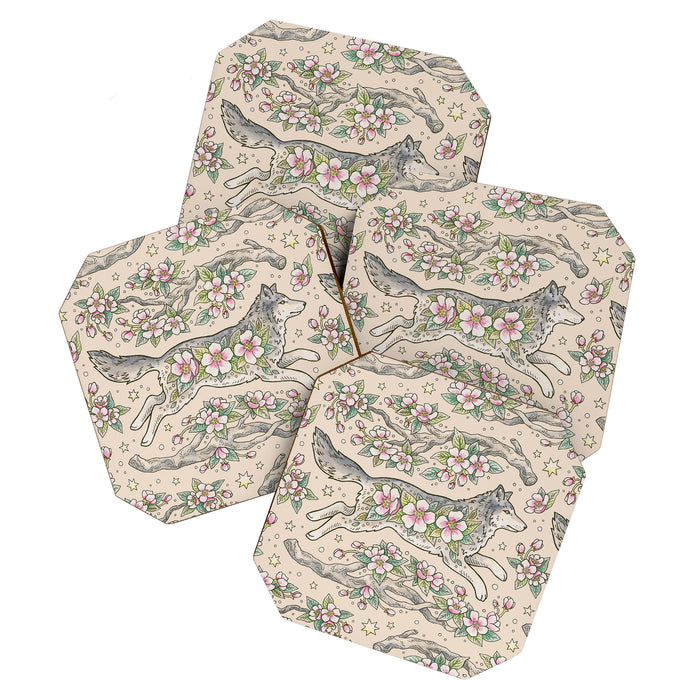 Wolf & Wild Apple Blossoms | Botanical Animal Art Coaster Gallery Image 1