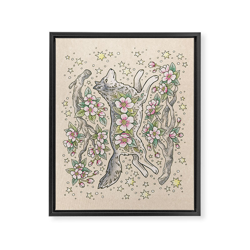 Wolf & Wild Apple Blossoms | Botanical Animal Art Framed Canvas Print