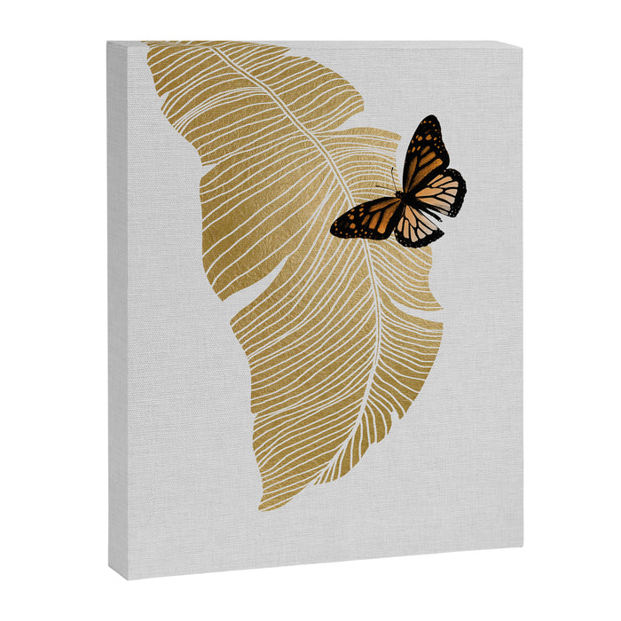 Butterfly & Palm Leaf, Gold Wall Art Canvas Print Gallery Image 1