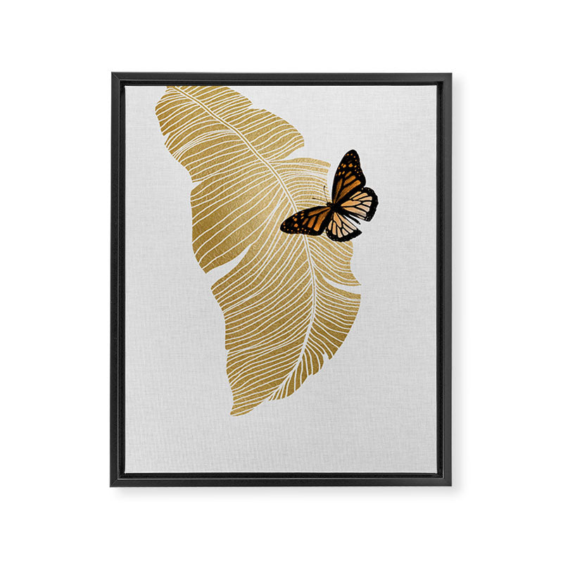 Butterfly & Palm Leaf, Gold Wall Art Framed Canvas Print Gallery Image 6