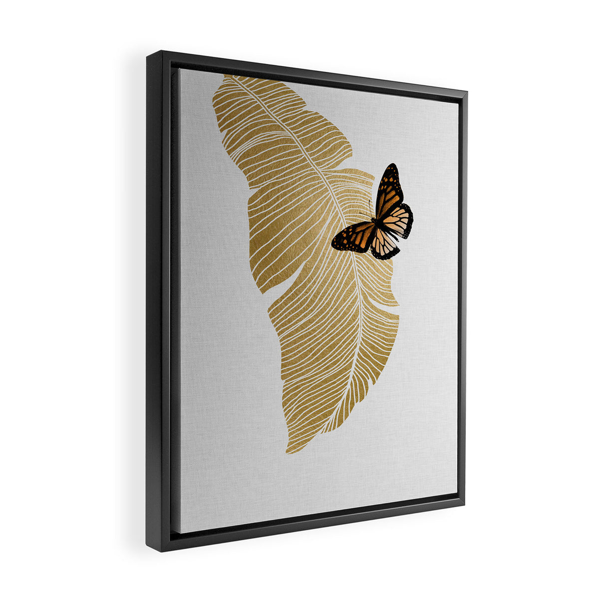 Butterfly & Palm Leaf, Gold Wall Art Framed Canvas Print Gallery Image 2