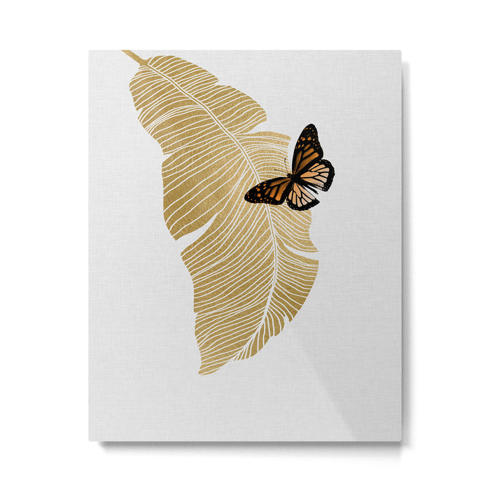 Butterfly & Palm Leaf, Gold Wall Art Metal Print Gallery Image 1