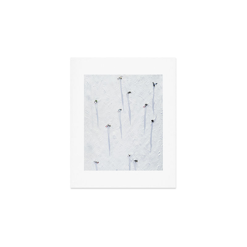 Aerial shot of skiers Art Print Gallery Image 1