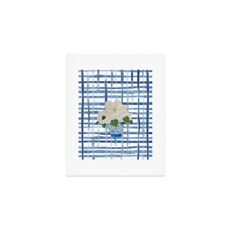 Watercolor Gingham Magnolias Ginger Jar Painting  Art Print Gallery Image 1