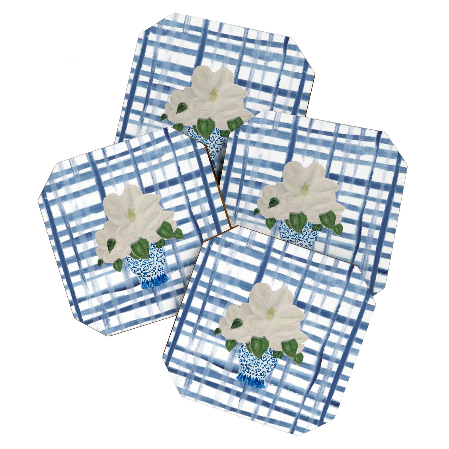 Watercolor Gingham Magnolias Ginger Jar Painting  Coaster Gallery Image 1