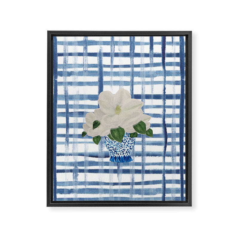 Watercolor Gingham Magnolias Ginger Jar Painting  Framed Canvas Print Gallery Image 8