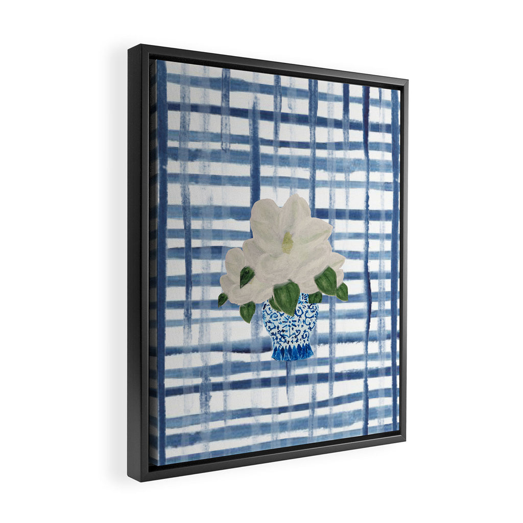 Watercolor Gingham Magnolias Ginger Jar Painting  Framed Canvas Print Gallery Image 2