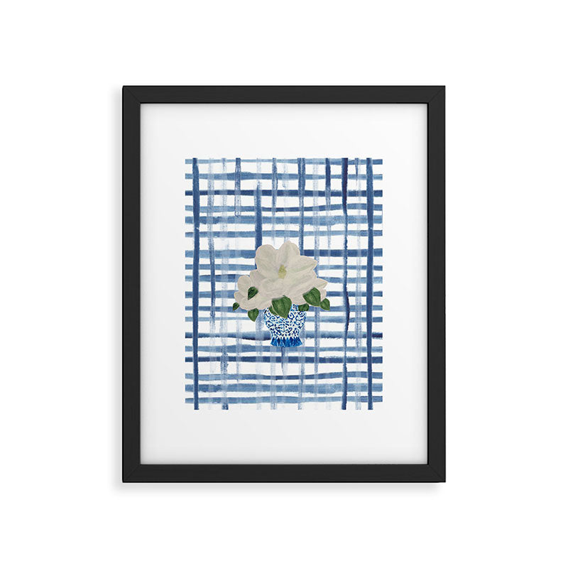 Watercolor Gingham Magnolias Ginger Jar Painting  Framed Art Print Gallery Image 6