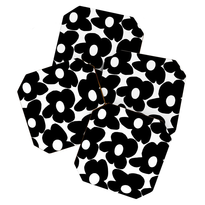 Black Retro Flowers White Background #decor #society6 #buyart Coaster Gallery Image 1