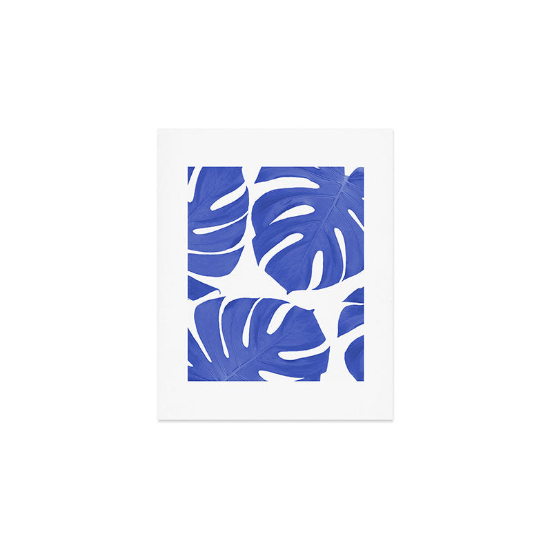 Blue Monstera Leaves White Background - Blue and White #decor #society6 #buyart Art Print Gallery Image 1