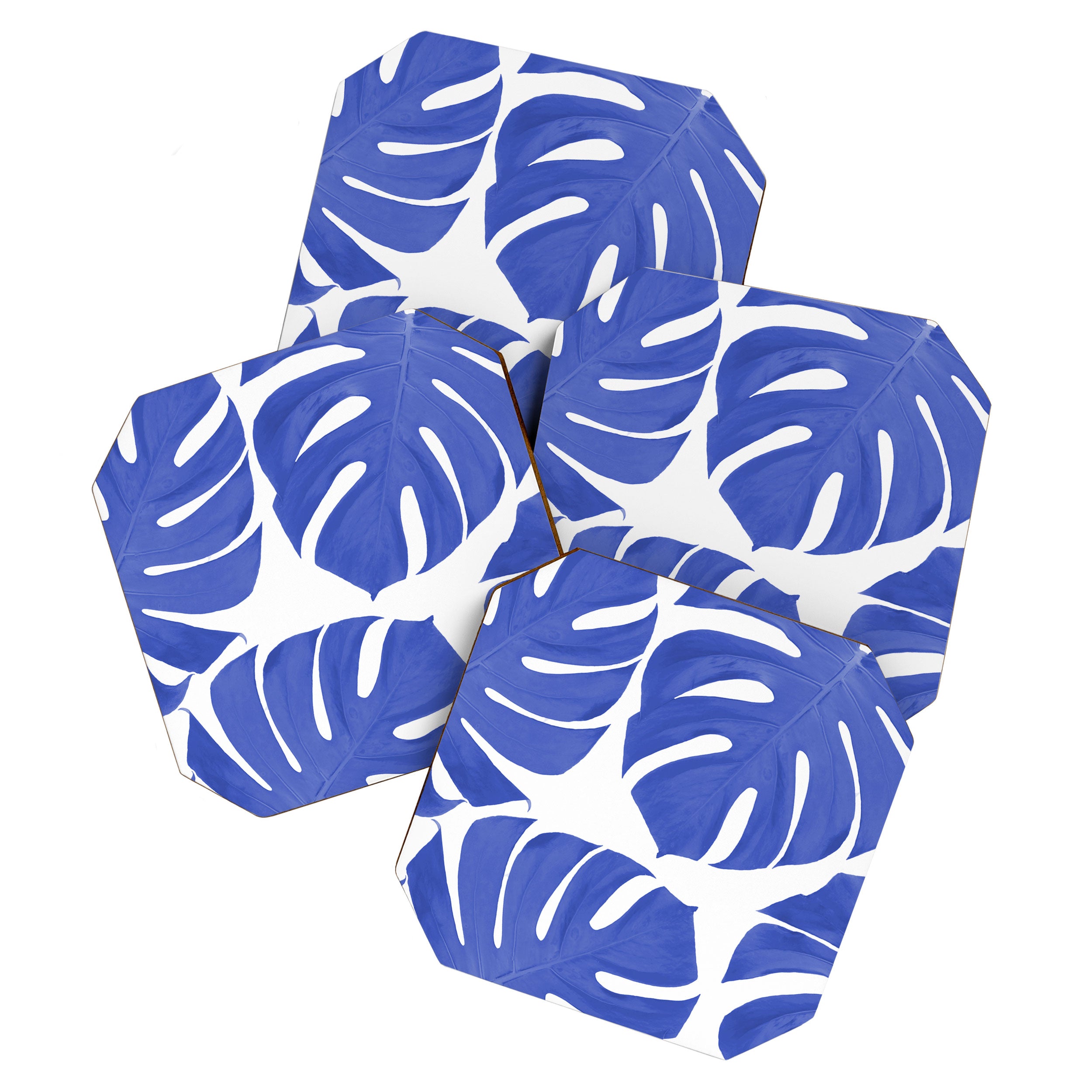Blue Monstera Leaves White Background - Blue and White #decor #society6 #buyart Coaster Gallery Image 1