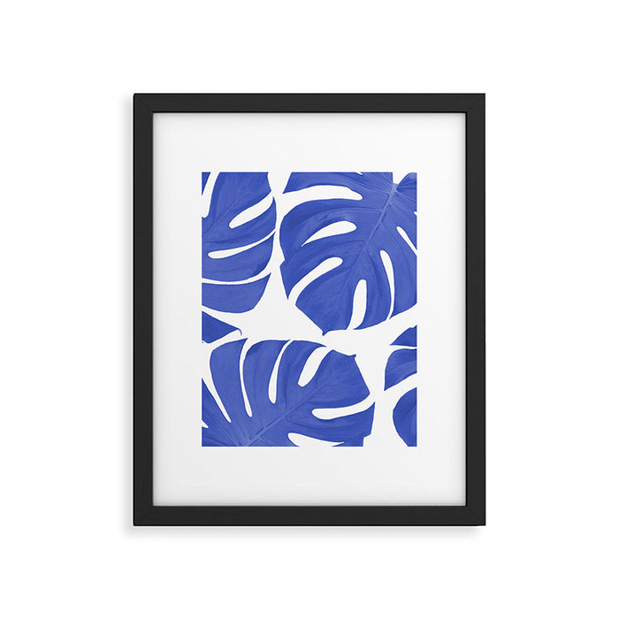 Blue Monstera Leaves White Background - Blue and White #decor #society6 #buyart Framed Art Print Gallery Image 1