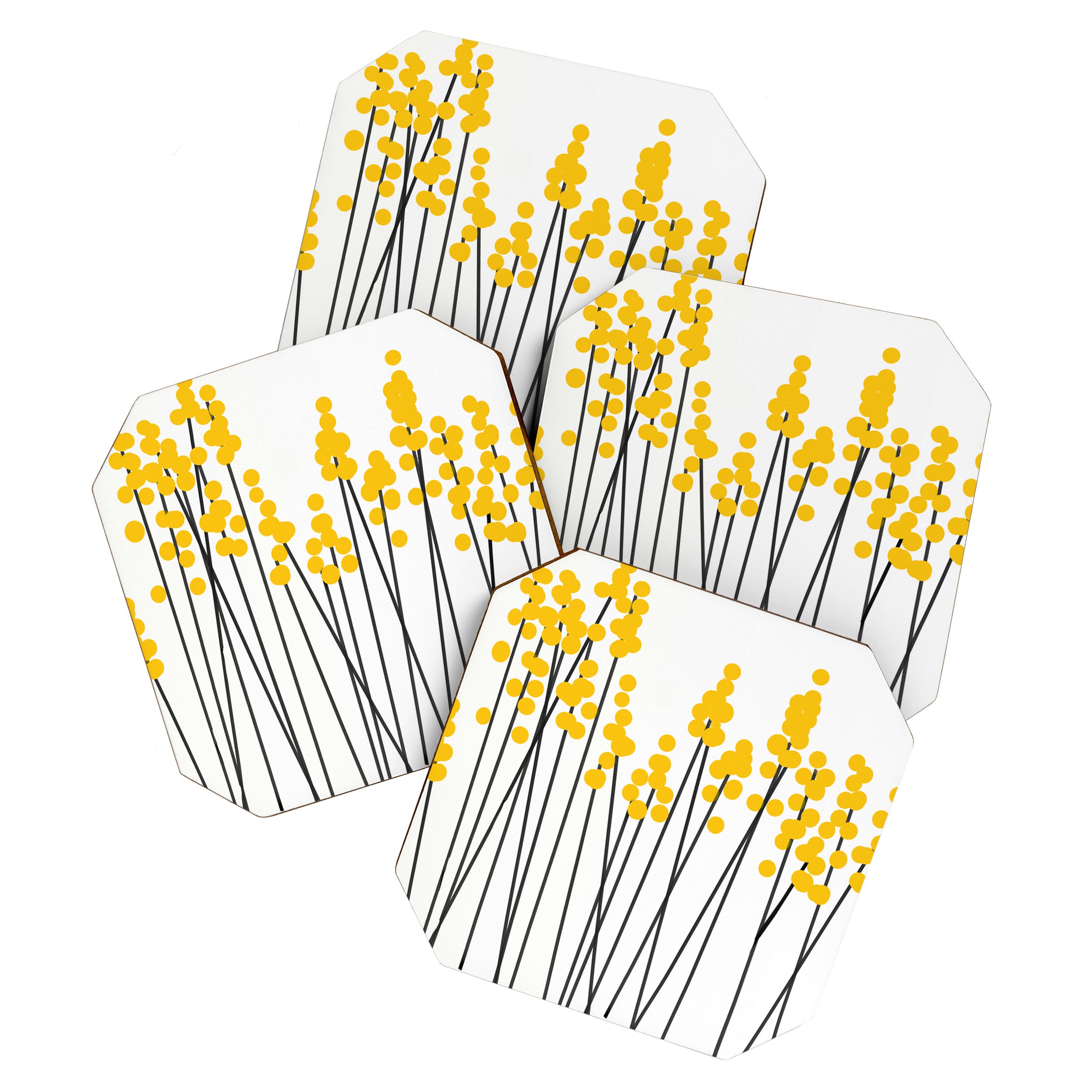 Hello Spring! Yellow/Black Retro Plants on White #decor #society6 #buyart Coaster Gallery Image 1