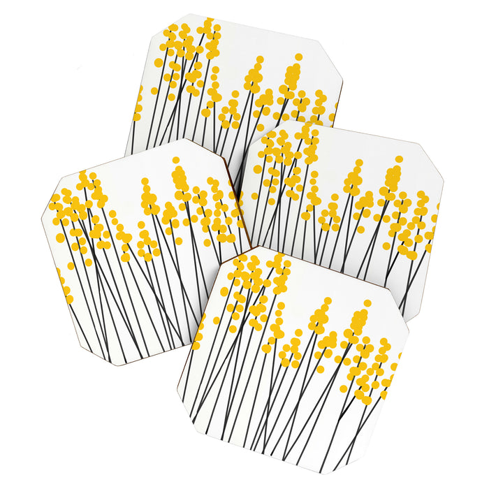Hello Spring! Yellow/Black Retro Plants on White #decor #society6 #buyart Coaster Gallery Image 1