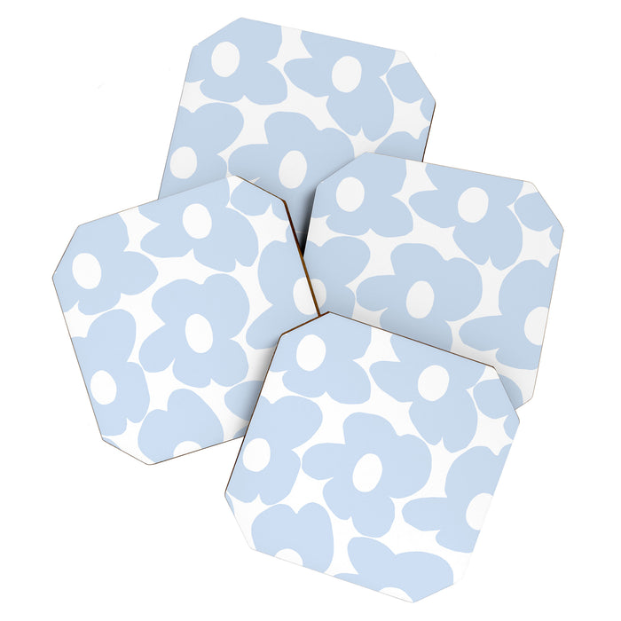 Large Baby Blue Retro Flowers White Background #decor #society6 #buyart Coaster Gallery Image 1