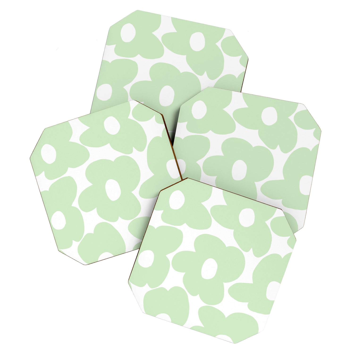 Large Baby Green Retro Flowers White Background #decor #society6 #buyart Coaster Gallery Image 1
