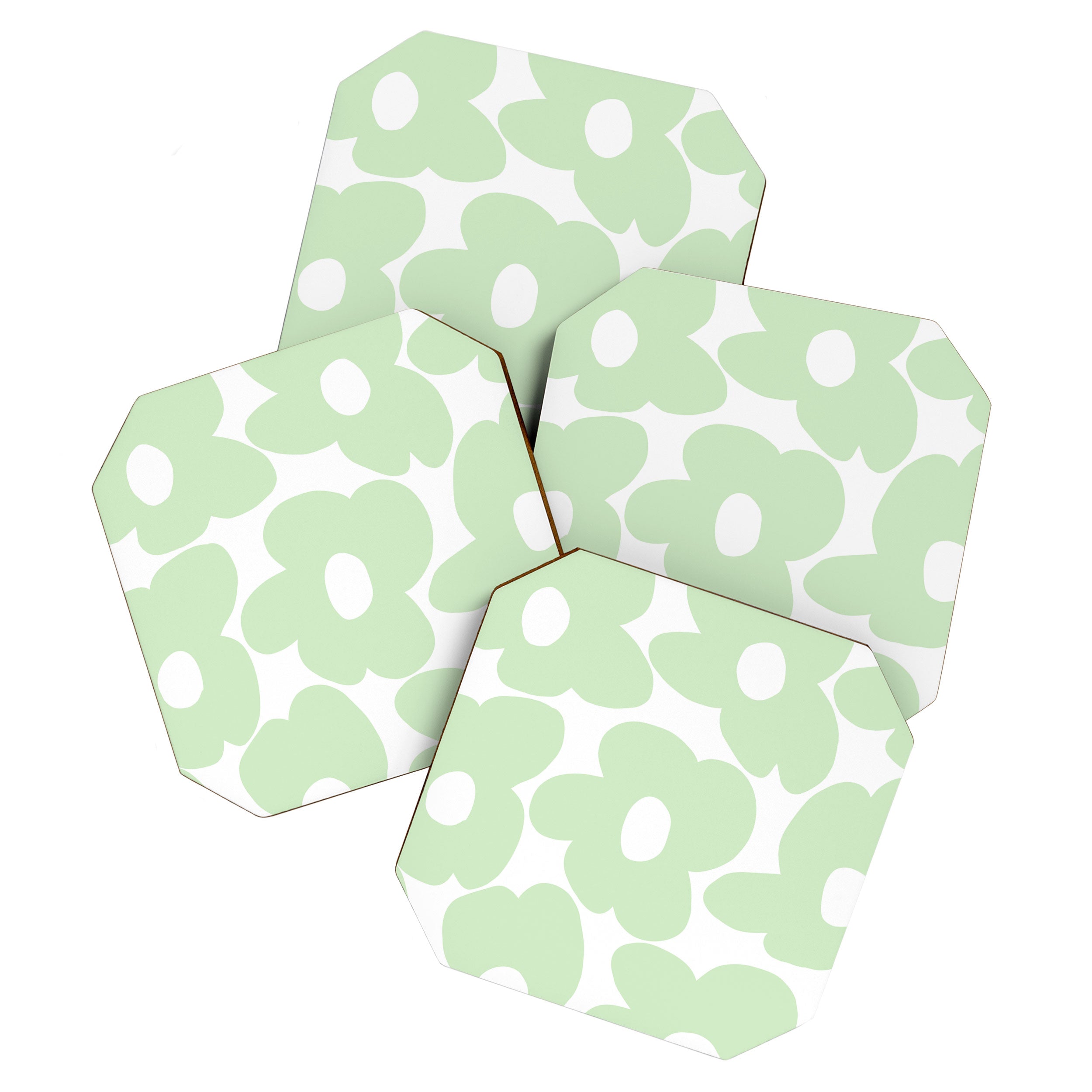 Large Baby Green Retro Flowers White Background #decor #society6 #buyart Coaster Gallery Image 1