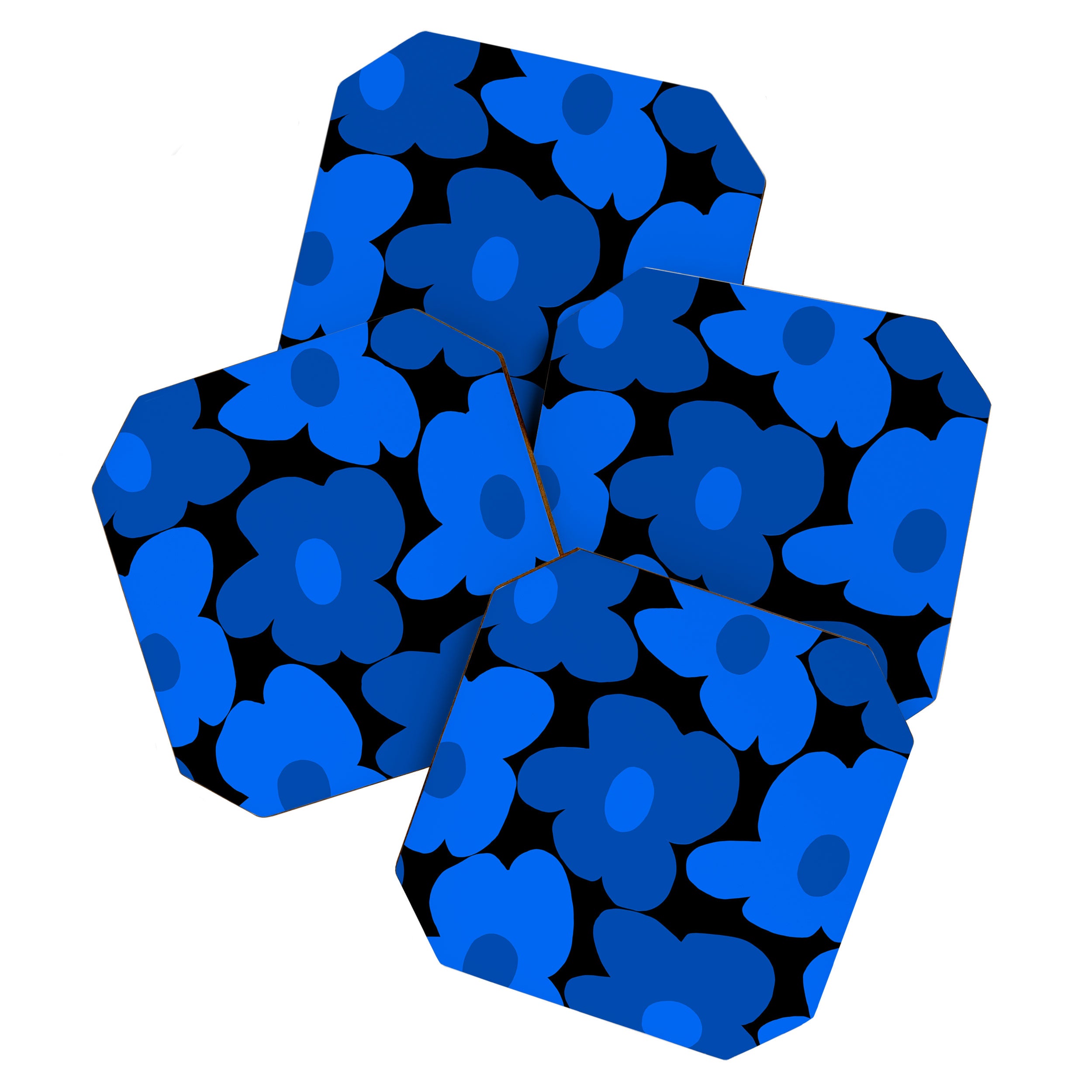 Large Bright Blue Retro Flowers Dark Background #decor #society6 #buyart Coaster Gallery Image 1