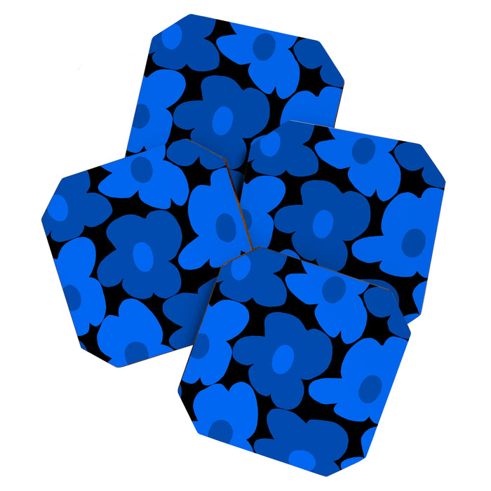 Large Bright Blue Retro Flowers Dark Background #decor #society6 #buyart Coaster Gallery Image 1