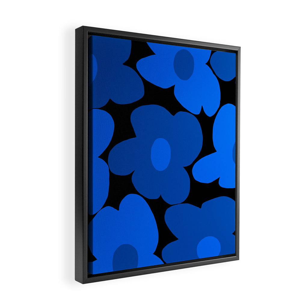 Large Bright Blue Retro Flowers Dark Background #decor #society6 #buyart Framed Canvas Print Gallery Image 2