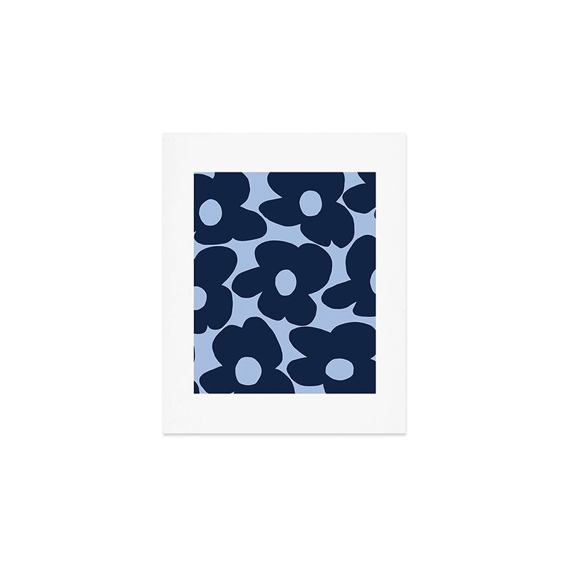 Large Dark Blue Retro Flowers Baby Blue Background #decor #society6 #buyart Art Print Gallery Image 1