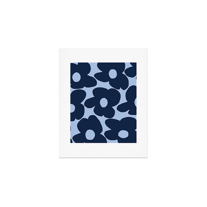Large Dark Blue Retro Flowers Baby Blue Background #decor #society6 #buyart Art Print Gallery Image 1