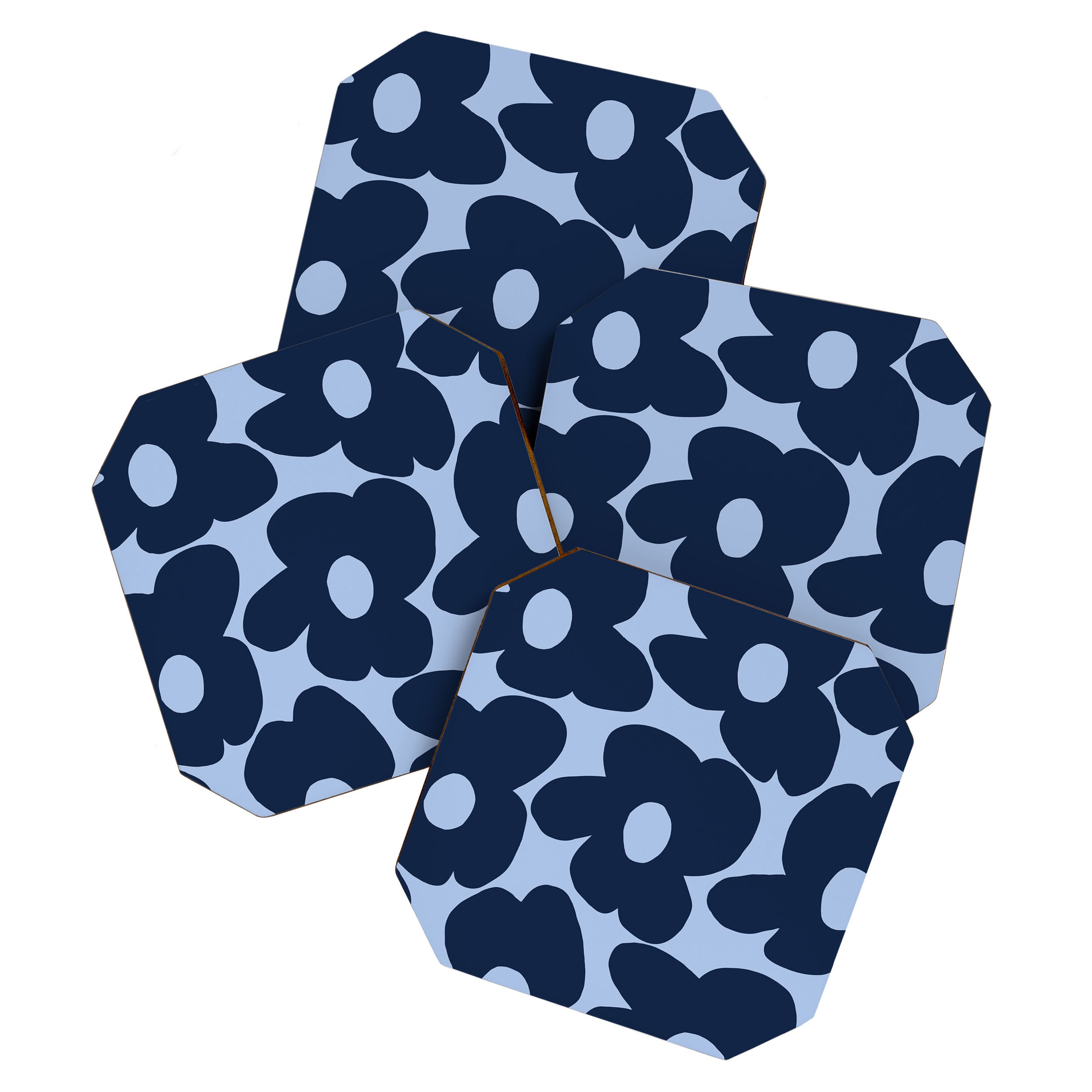 Large Dark Blue Retro Flowers Baby Blue Background #decor #society6 #buyart Coaster Gallery Image 1