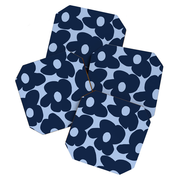 Large Dark Blue Retro Flowers Baby Blue Background #decor #society6 #buyart Coaster Gallery Image 1