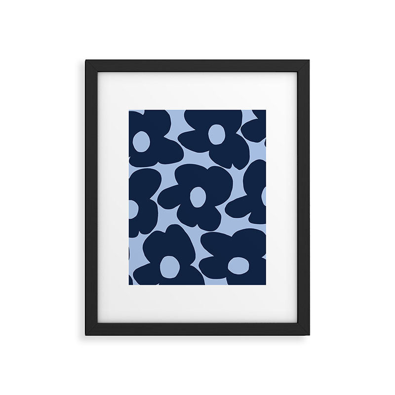 Large Dark Blue Retro Flowers Baby Blue Background #decor #society6 #buyart Framed Art Print Gallery Image 4