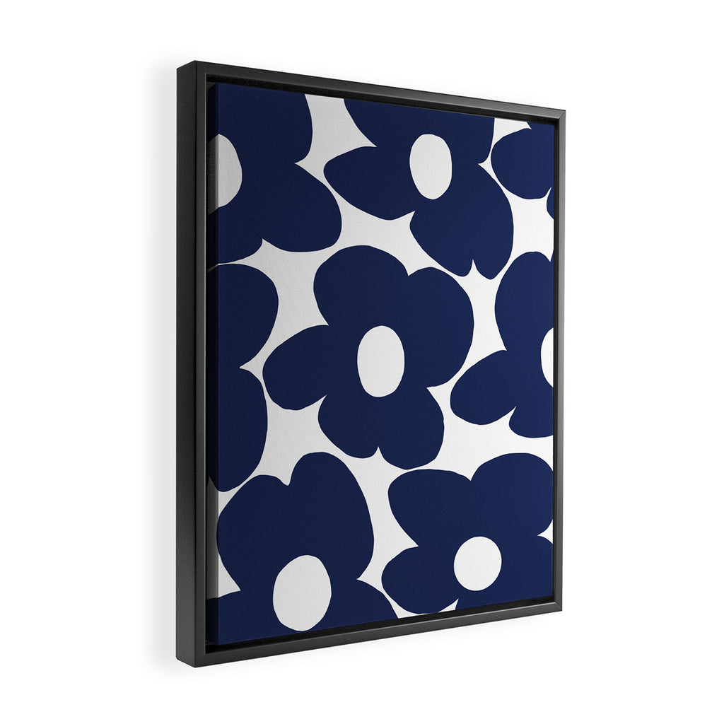 Large Dark Blueberry Blue Retro Flowers White Background #decor #society6 #buyart Framed Canvas Print Gallery Image 2