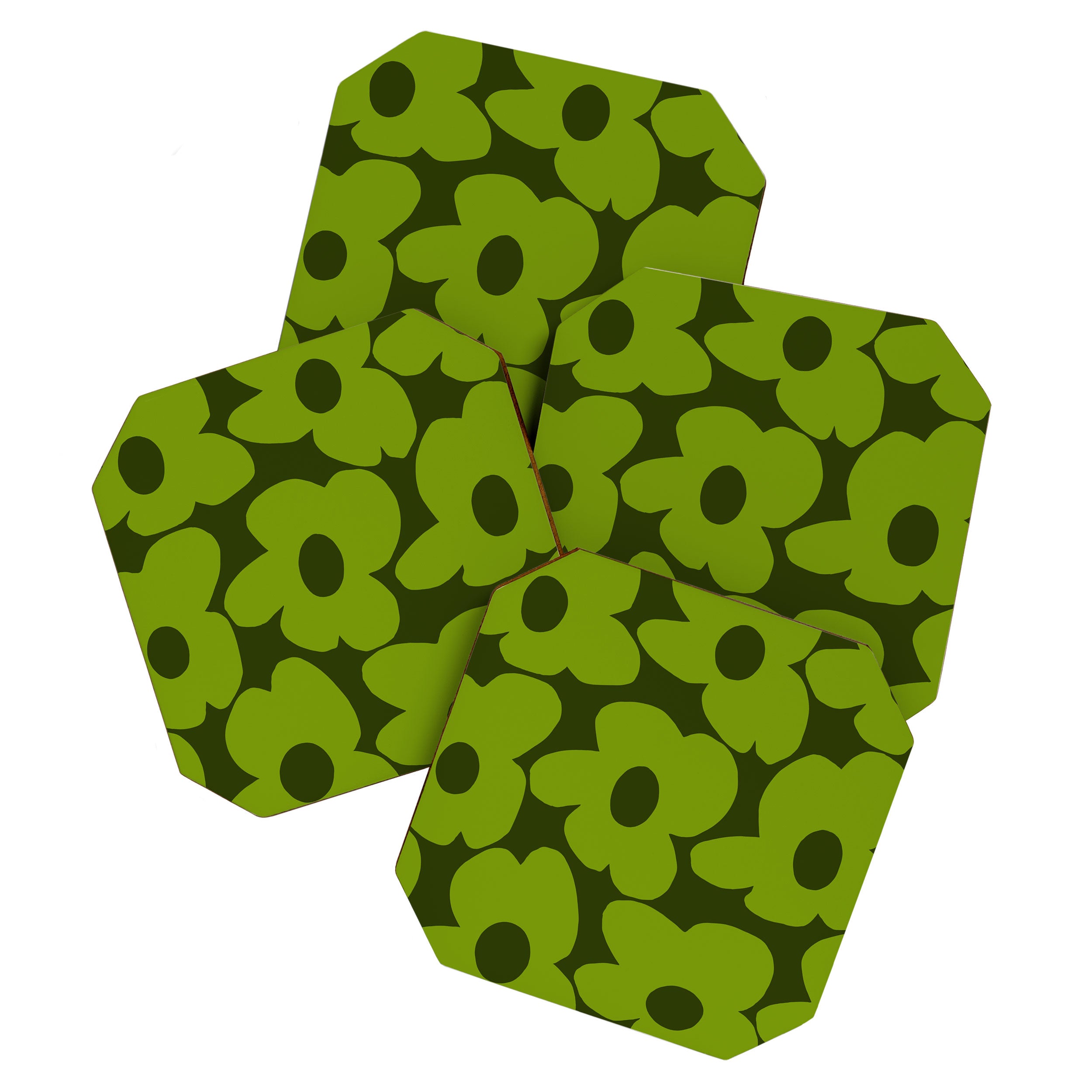 Large Green Retro Flowers - Green Petals on Dark Green Background #decor #society6 #buyart Coaster Gallery Image 1