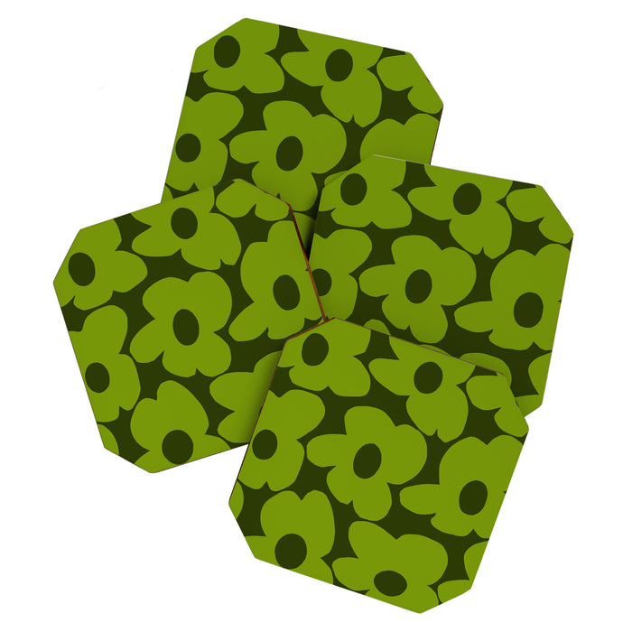 Large Green Retro Flowers - Green Petals on Dark Green Background #decor #society6 #buyart Coaster Gallery Image 1