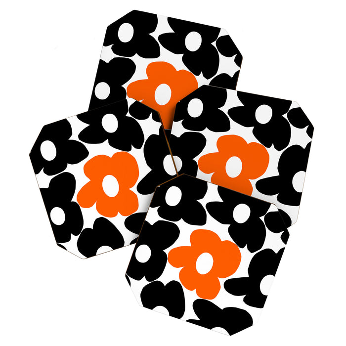Large Orange and Black Retro Flowers White Background #decor #society6 #buyart Coaster Gallery Image 1