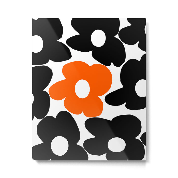 Large Orange and Black Retro Flowers White Background #decor #society6 #buyart Metal Print Gallery Image 1