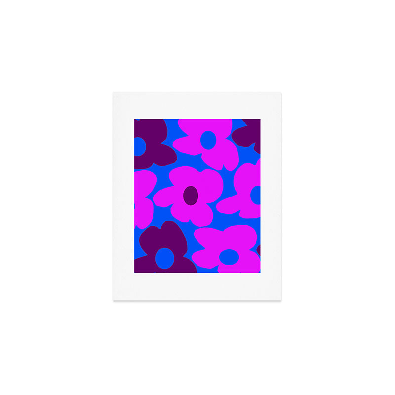 Large Pink and Purple Retro Flowers Blue Background #decor #society6 #buyart Art Print Gallery Image 1