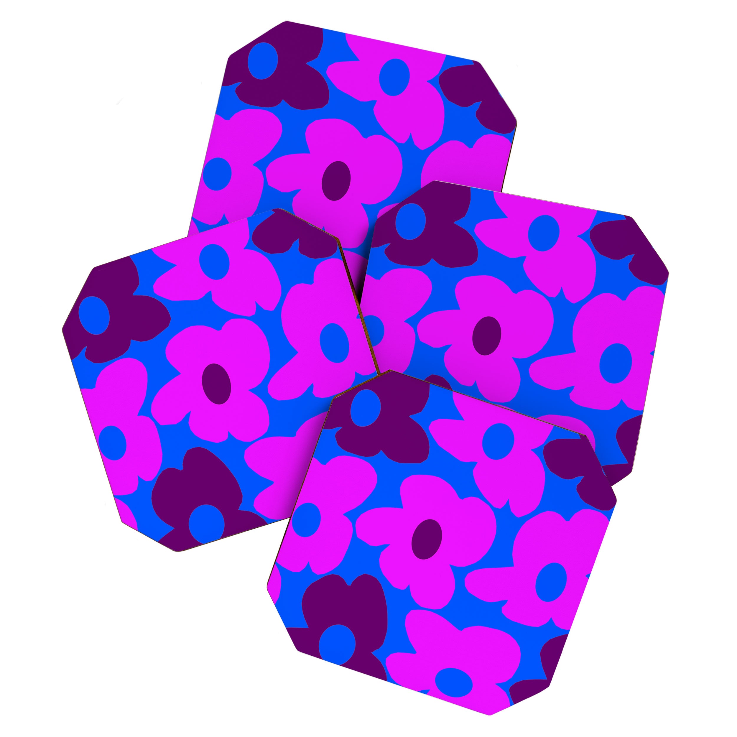 Large Pink and Purple Retro Flowers Blue Background #decor #society6 #buyart Coaster Gallery Image 1