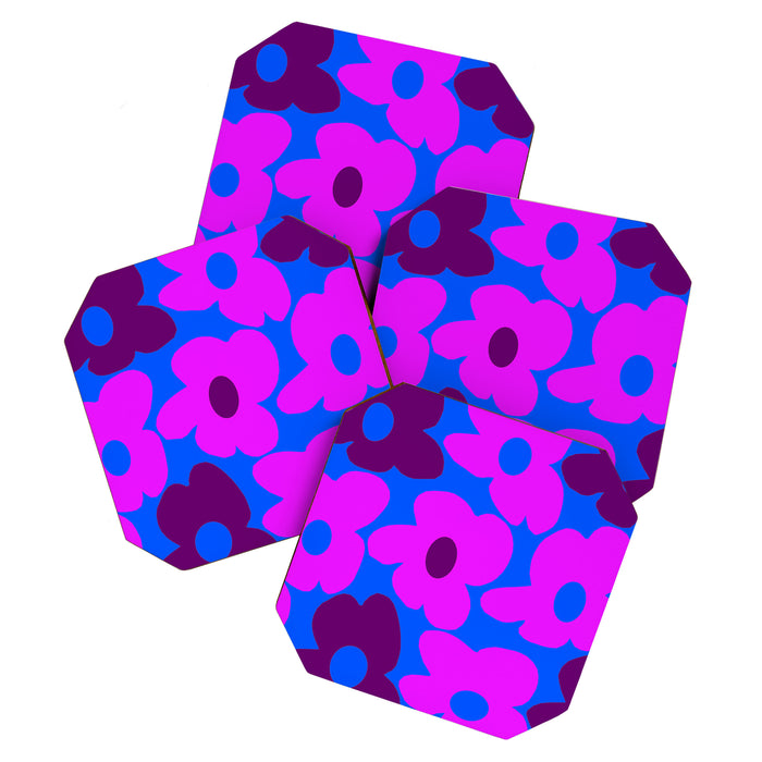Large Pink and Purple Retro Flowers Blue Background #decor #society6 #buyart Coaster Gallery Image 1
