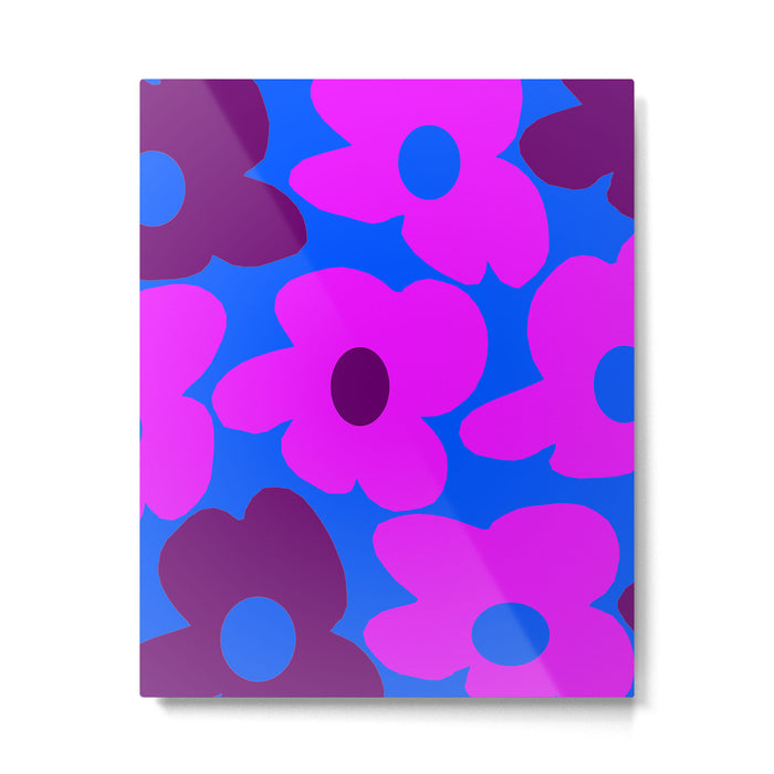 Large Pink and Purple Retro Flowers Blue Background #decor #society6 #buyart Metal Print Gallery Image 1