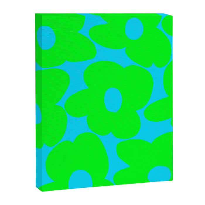 Large Retro Flowers Neon Green Petals Turquoise Background Summer Vibes #decor #society6 #buyart Canvas Print Gallery Image 1