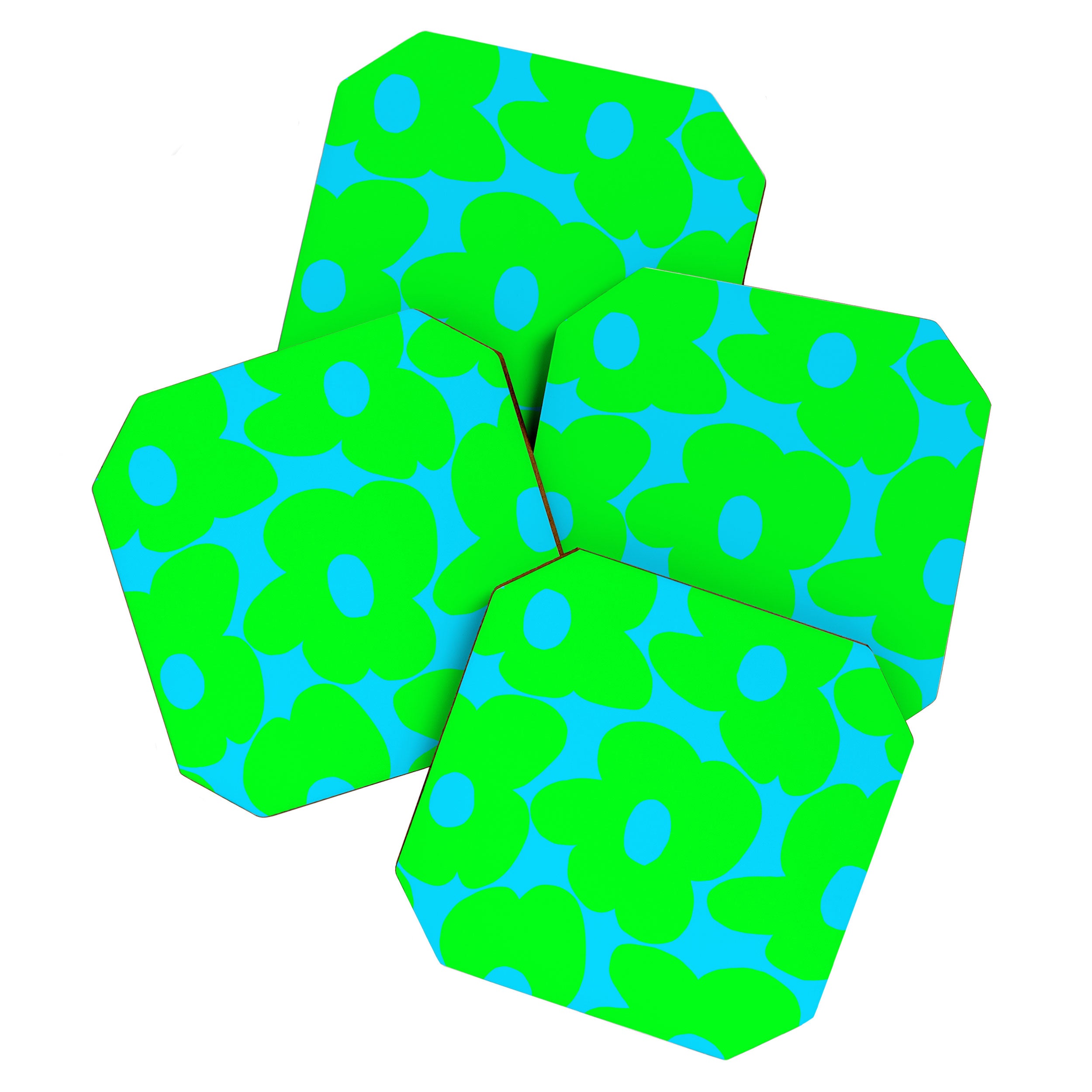 Large Retro Flowers Neon Green Petals Turquoise Background Summer Vibes #decor #society6 #buyart Coaster Gallery Image 1