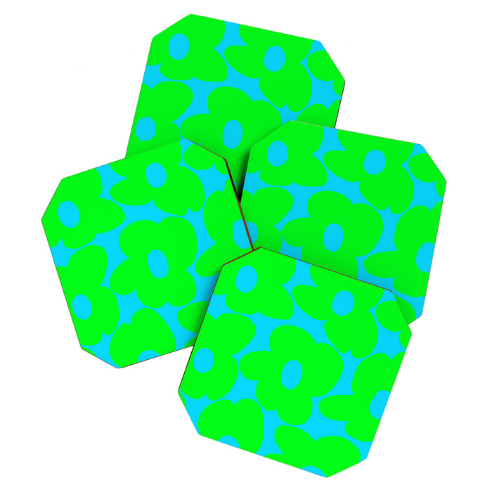Large Retro Flowers Neon Green Petals Turquoise Background Summer Vibes #decor #society6 #buyart Coaster Gallery Image 1