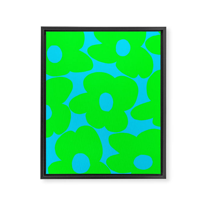 Large Retro Flowers Neon Green Petals Turquoise Background Summer Vibes #decor #society6 #buyart Framed Canvas Print Gallery Image 1
