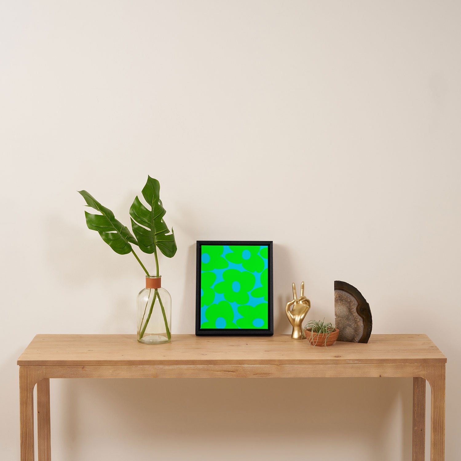 Large Retro Flowers Neon Green Petals Turquoise Background Summer Vibes #decor #society6 #buyart Framed Canvas Print Gallery Image 4
