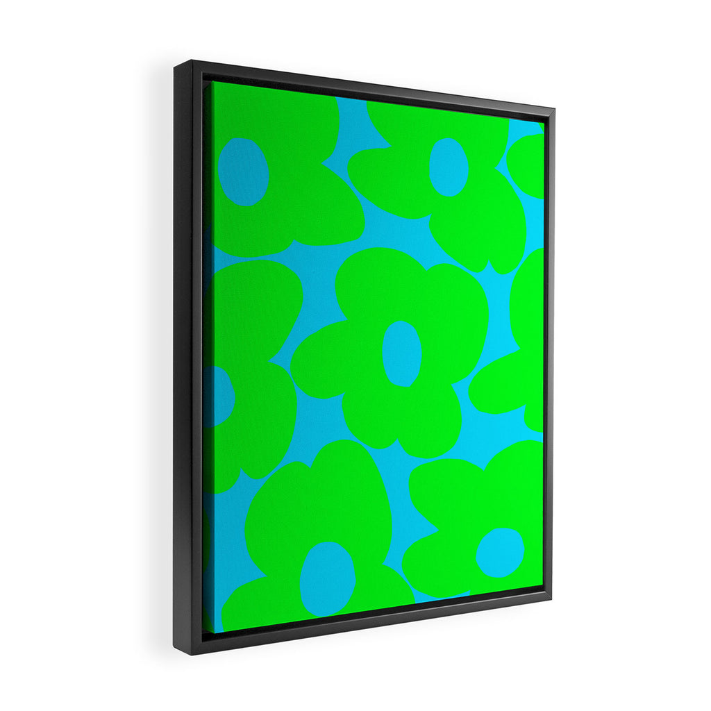 Large Retro Flowers Neon Green Petals Turquoise Background Summer Vibes #decor #society6 #buyart Framed Canvas Print Gallery Image 2